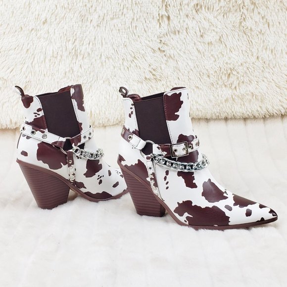 Demitri Brown White Cow Print Western Cowgirl Pull On Ankle Boot - Picture 3 of 13